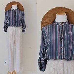 Vintage 90s Striped High Neck blouse by‎ Loubella Extendables
